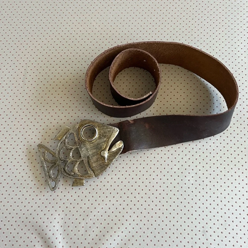 Brown Leather Belt with Fish Buckle